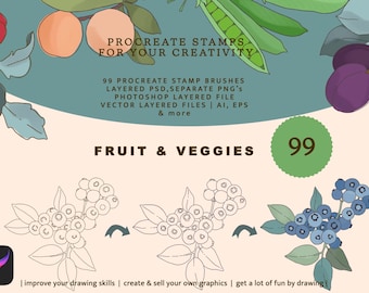 Owoce i warzywa, Procreate Brushes Procreate, Garden Brush Kit Fruit Stamp, Veggie Stamp Botanical, Stamp Vector Png, How to Draw, Procreate
