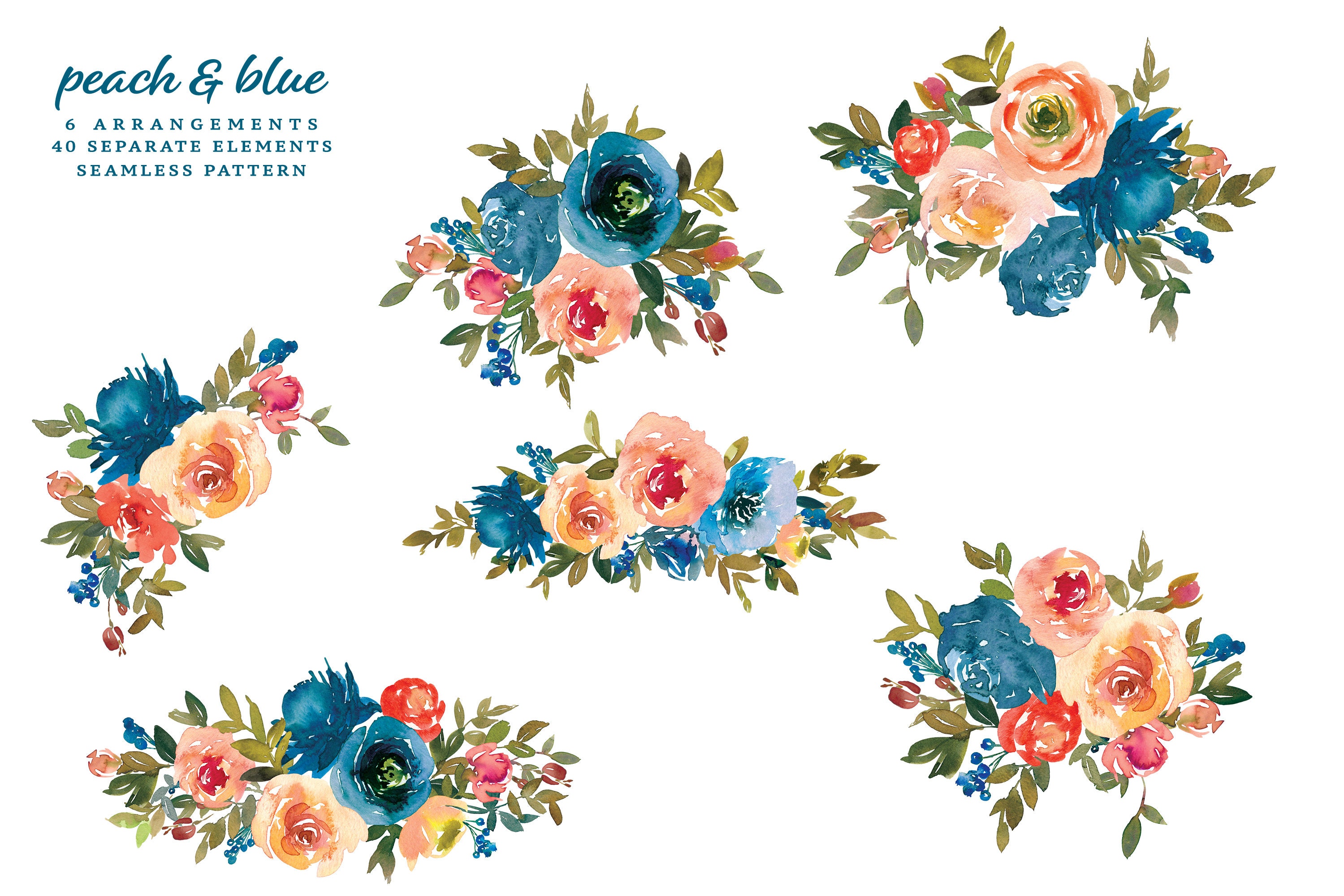 Peach & Blue Watercolor Floral Clip Art Bouquets Separate Etsy