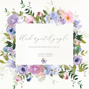 Blush und Pastell Lila, Aquarell Blumen Clipart, Violet Rosa Blumen, Rosen Pfingstrosen, Rahmen Kinderzimmer Hochzeitsdeko, Sommer Rahmen, Branding