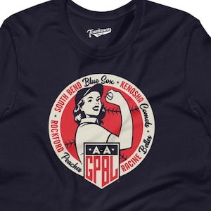 Licensed Original Four AAGPBL Teams , South Bend Blue Sox, Kenosha Comets, Racine Belles, Rockford Peaches Baseball Sleeve T-Shirt