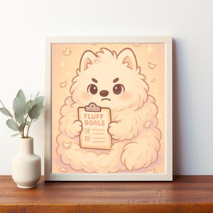 Fluff Goals Adorable Cartoon Dog with Clipboard in Whimsical Pastel Background - Perfect for Digital Art Lovers!