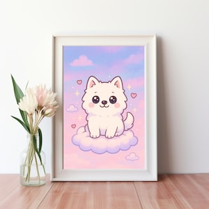 Perro blanco esponjoso en una nube con corazones: impresión artística digital con estilo de dibujos animados para decoración de pared de descarga instantánea.