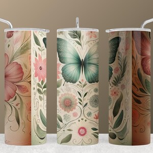 Floral Butterfly Tumbler Wrap for Nature Lovers, Butterfly 20oz Skinny Tumbler Sublimation Design, Floral Tumbler Wrap PNG, Nature Art