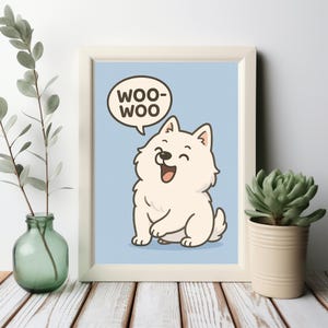 Cheerful Fluffy Dog WOO-WOO Cartoon Illustration - Playful Digital Art for Wall Art, Printable Instant Download