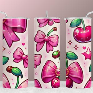 Cute Bow Tumbler Wrap for Girly Style, Pink Bow 20oz Skinny Tumbler Sublimation Design, Cherry Tumbler Wrap PNG, Girly Tumbler Art
