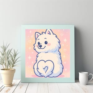 Adorable perro samoyedo de dibujos animados con cola en forma de corazón sobre fondo pastel: arte mural imprimible perfecto para amantes de los perros.