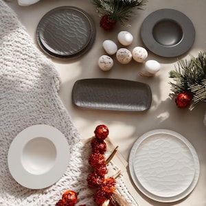 Dinner Set For 2 - 4, Special Tableware art deco style, 7 Pieces Service Plates Bowls White & Black,Modern Kitchen Table