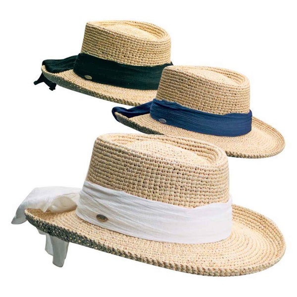 Scala Women's "MANAROLA" Hand Crocheted Raffia Gambler Sun Hat, #LR241OS