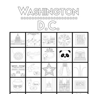 May include: A black and white coloring page featuring landmarks and symbols of Washington D.C., including the White House, the Washington Monument, the Lincoln Memorial, the National Mall, and the National Air and Space Museum.