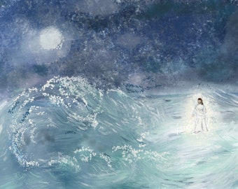 Tempête : oeuvre de Jésus en téléchargement numérique. Art chrétien minimaliste, art LDS moderne pour enfants. Le Christ en Galilée. Venez me suivre