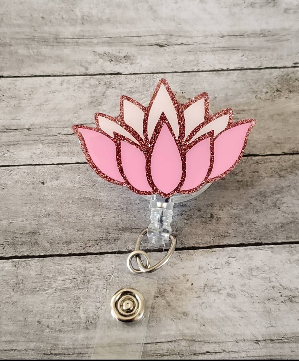 Rose Gold Pink Lotus Flower Retractable Badge Reel 