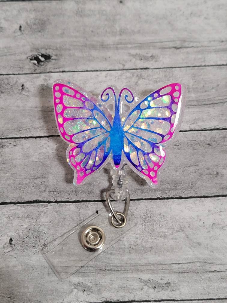 Unique Colorful Watercolor Butterfly Retractable Badge Reel, Butterfly  Glitter Badge Holder, ID Badge Holder, Alligator Clip Nurse Badge 