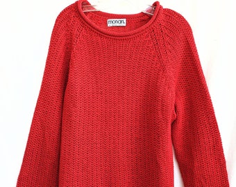 Vintage Women's Loose Weave Red Pullover Sweater. Made in Italy. Monari by Bosch Textil.  Vintage Size US 14. Crew Neck.