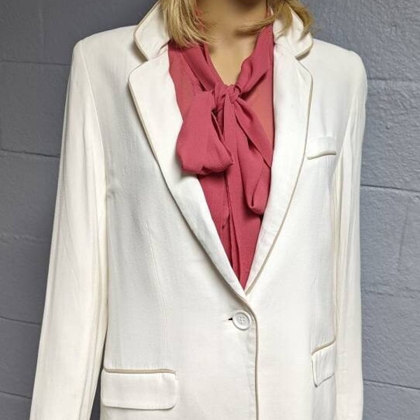 Vintage White Viscose Blazer.  Made in France.  Fully Lined. Deep V Neck One Button.  Tan Piping.  Size 2. Casual Elegance. Vacation.