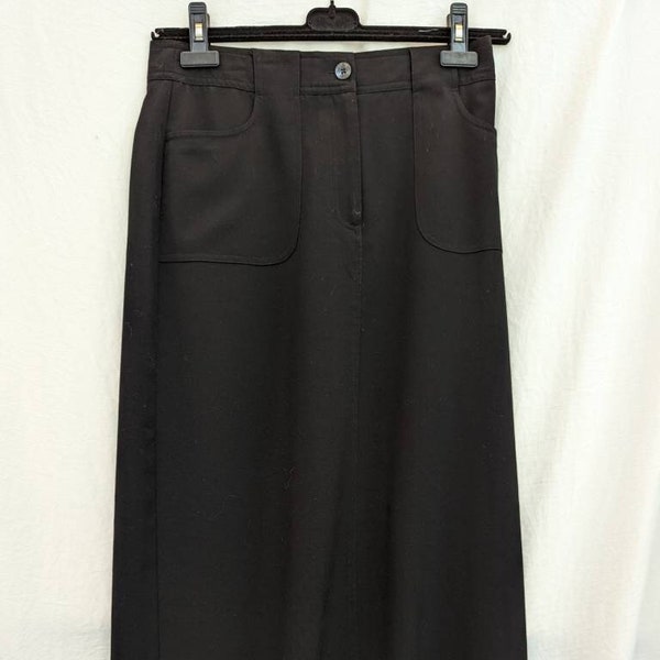 Vintage A Line Black Stretch Midi Skirt.  Belt Loops and Detail Pockets Back Split.  Made in Hong Kong.  Size 6. Christopher & Banks.