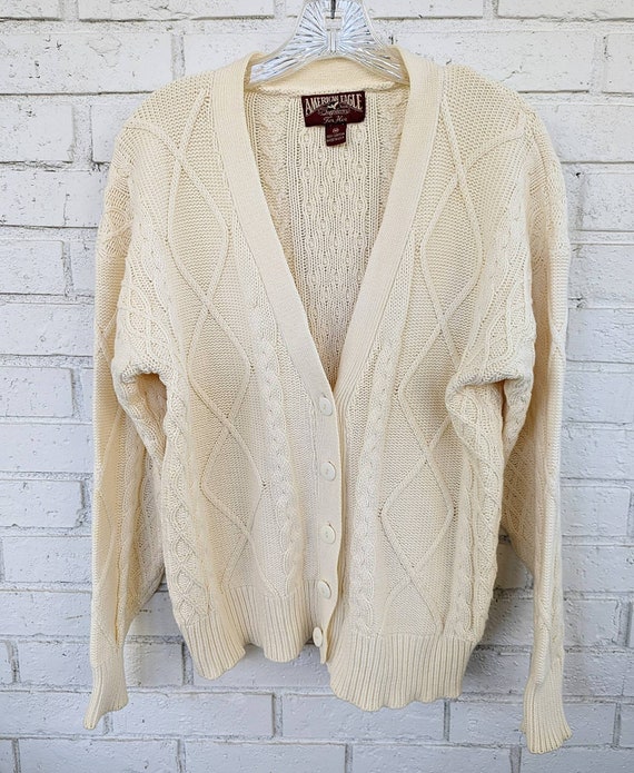 Cynthasize Vintage American Eagle Outfitters Cable Knit Cardigan. White, Cotton Knit. Dad sweater.Size M. Made in USA