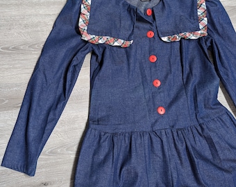 Vintage Denim Jumpsuit Sailor Collar Plaid Trim Size 7/8  Retro, Cottage Core, Cosplay