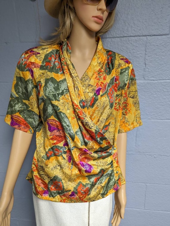 90s Elegant Orange Floral Wrap Blouse. Ruched Side