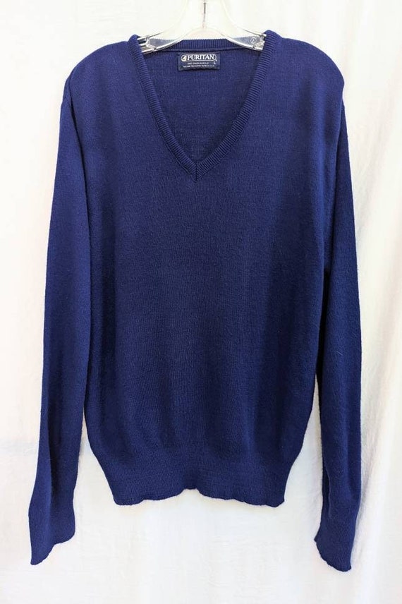 80s Puritan Blue Acrylic Men's V Neck Sweater.  Si