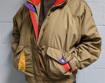 Forenza 80's Puffer Ski Jacket, Colorful, Ruched Sleeves, Padded Shoulder, Double Pockets.  Tan with Purple Lining. Red Collar. Women's M