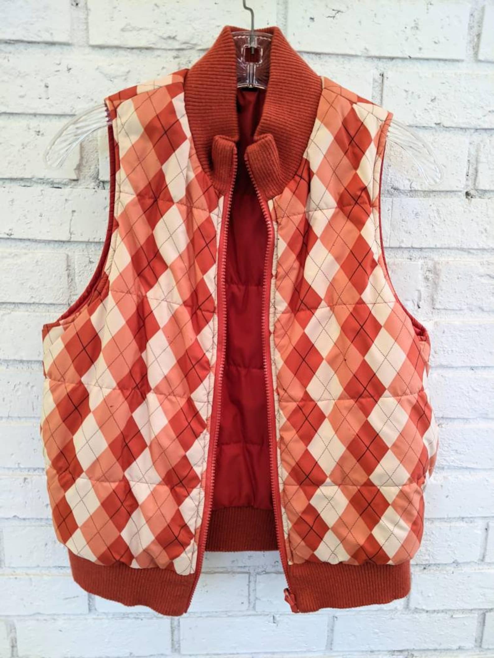 Women's Puffer Vest Orange Argyle Vintage Size L Zip Front Etsy