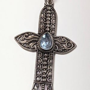 Vintage Sterling Silver Filigree Cross Pendant: Aquamarine Accent