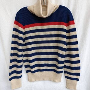 80s Women's Ribbed Acrylic Striped Turtleneck Sweater.Blue, Beige, Red. Toppers, Made in USA. Size M. Classic, Preppy, Collegiate