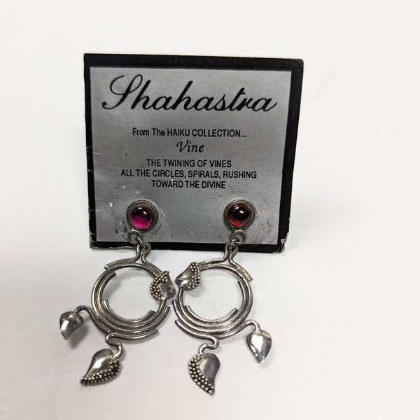 90s Crystal Sterling Silver Earrings Garnet Accent Stud Dangle Circular Vines Shahastra 90s New Age