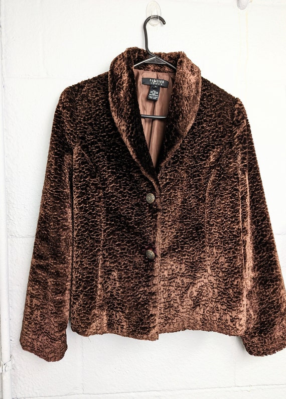 90s Cocoa Brown Faux Fur Jacket. Fancy Buttons.  S