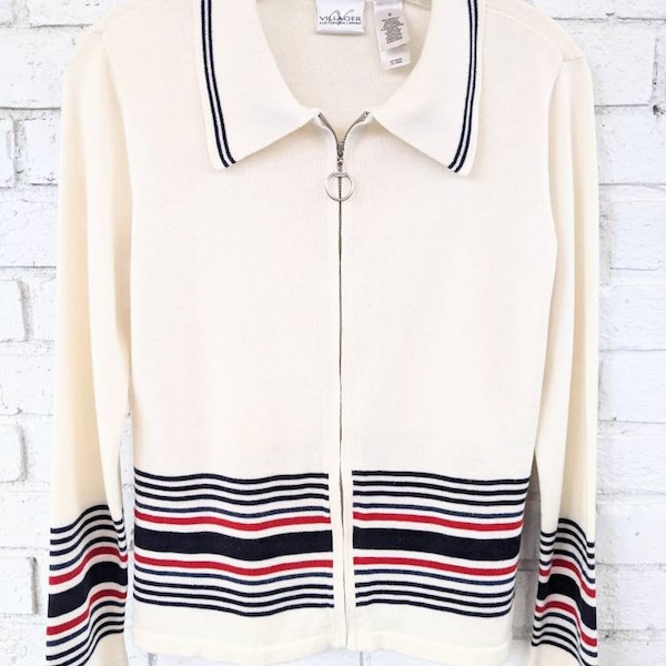 80s Women's Zip Front Cardigan Acrylic/Cotton. White with Stripe Trim. Collared. Vintage Villager. Size S. Preppy Nautical, Coastal Grandma