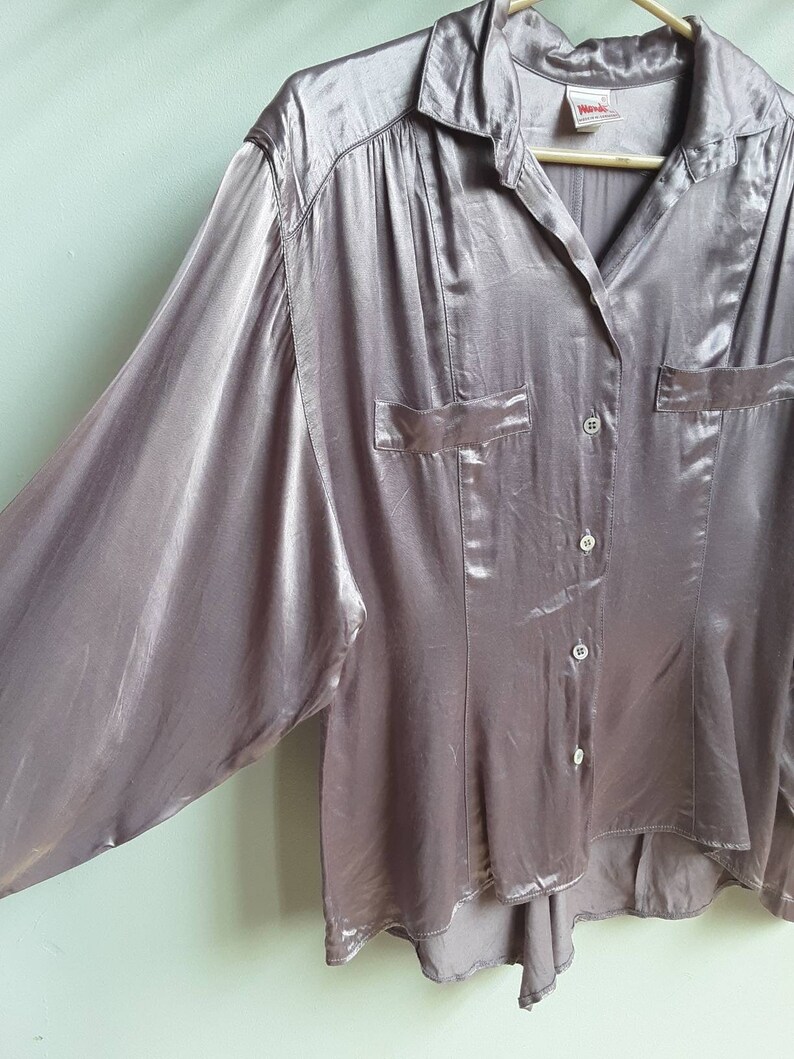 80s satin blouse orchid jewel toned balloon sleeve shiny tailored Mondi W Germany