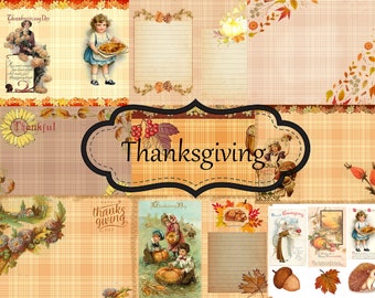 May include: A digital collage of images with a Thanksgiving theme. The collage features images of fall leaves, pumpkins, turkeys, and children. The text "Thanksgiving" is featured in a large, decorative font.