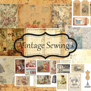 Vintage sewing kit  Digital Junk journal mixed media collage