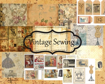 Vintage sewing kit  Digital Junk journal mixed media collage