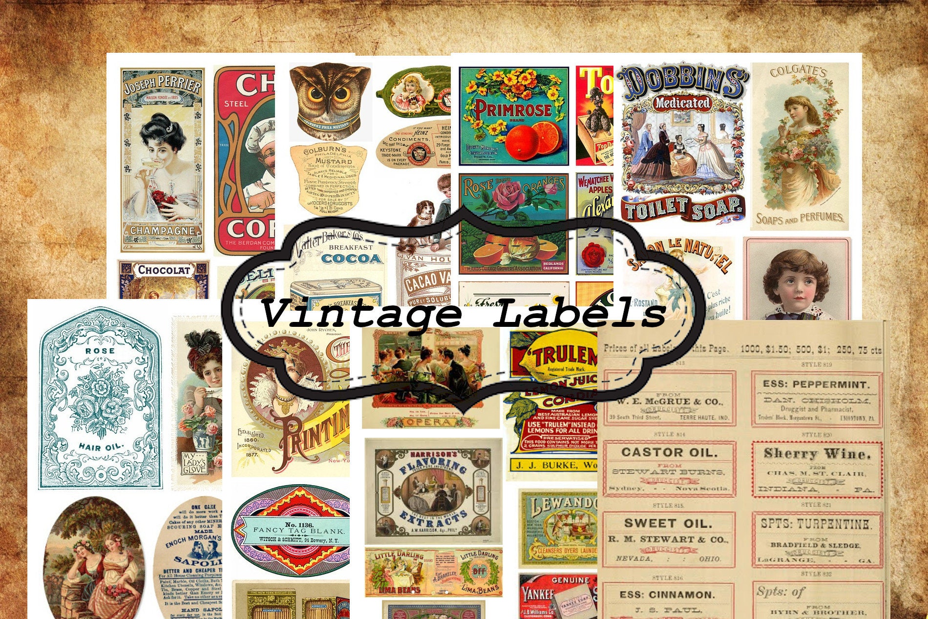 Vintage label emphemera for junk journals