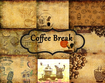 May include: A vintage-style collage with the words "Coffee Break" in a banner. The collage features images of coffee beans, coffee makers, and coffee cups. The background is a distressed, brown paper texture.