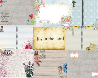 May include: A set of 10 blank journal pages with floral and religious themed designs. Each page has a different design with quotes and verses from the Bible. The pages are lined and ready for writing.