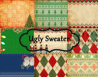 May include: A digital collage of Christmas-themed patterns, including a green sweater with a snowflake design, a red and green plaid pattern, and a brown and white pattern with a Christmas tree design. The text "Ugly Sweater" is written in a black banner across the center of the image.
