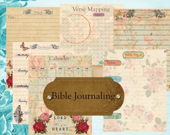 May include: A printable Bible journaling page with a floral design and a brown tag that says "Bible Journaling". The page includes sections for prayers, answered prayers, devotional, verse mapping, calendar, and Bible study.