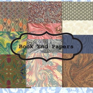 May include: A collage of different patterned papers, including marbled, floral, and geometric designs. The text "Book End Papers" is displayed in a black frame.