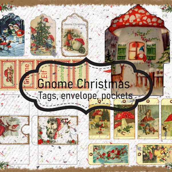 Gnome Christmas Junk Journal Tags, Envelope,and pockets
