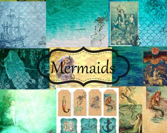 Mermaid Junk Journal digital kit mixed media collage