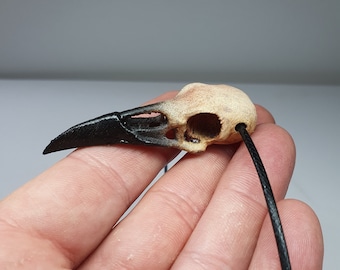 Gothic Raven Skull Necklace - Hand painted Miniature Horror Gift - Faux Bone Jewelry for Oddities Collectors