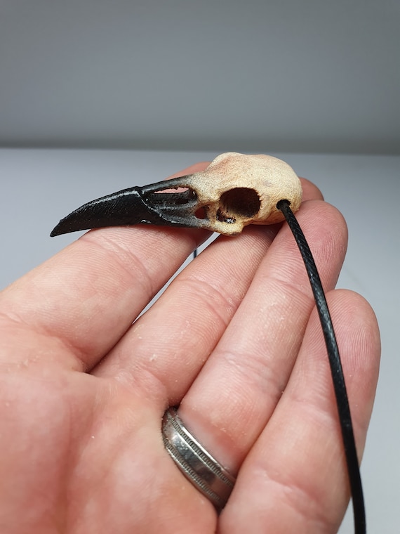 Gothic Raven Skull Necklace - Hand painted Miniature Horror Gift - Faux Bone Jewelry for Oddities Collectors