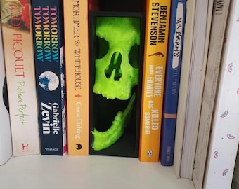 Green skull book nook. Occult decor spooky library insert.