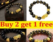 Feng Shui Black Obsidian Alloy Wealth Golden Pixiu Bracelet Lucky Jewelry USA -Buy 2 Get 1 FREE