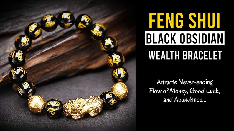 Feng Shui Black Obsidian Alloy Wealth Golden Pixiu Bracelet | Etsy