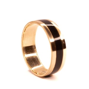 Handmade gold ring with ebony wood inlay, Bespoke minimalist solid gold wedding band, Gold and wood ring, Gold dainty ring