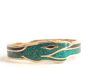 Solid gold Ouroboros ring with opal, malachite and jet inlay | Gold Snake Ring | Handmade in 8K/14K/18K solid gold