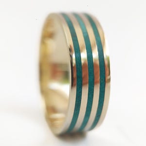 Tricircle malachite inlay gold ring, 8/14/18K band inlaid with chipped malachite stones